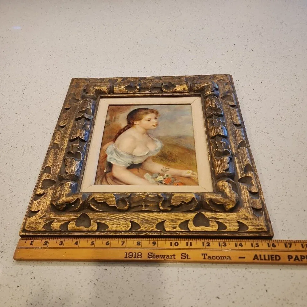 Gold wooden Framed Picture Of Young Girl With Flowers matted 18x16